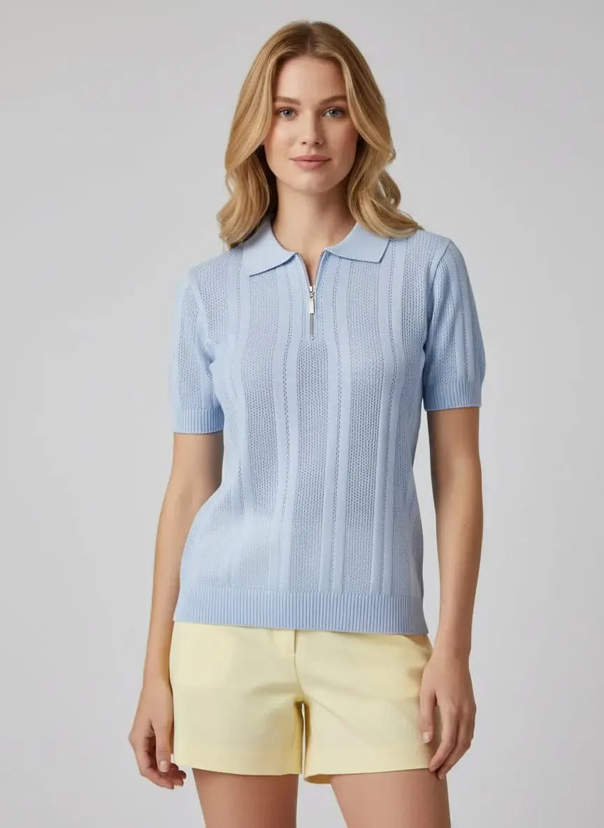 Kadın Polo Yaka Fermuarlı Örgü Detay Triko Kazak 12471