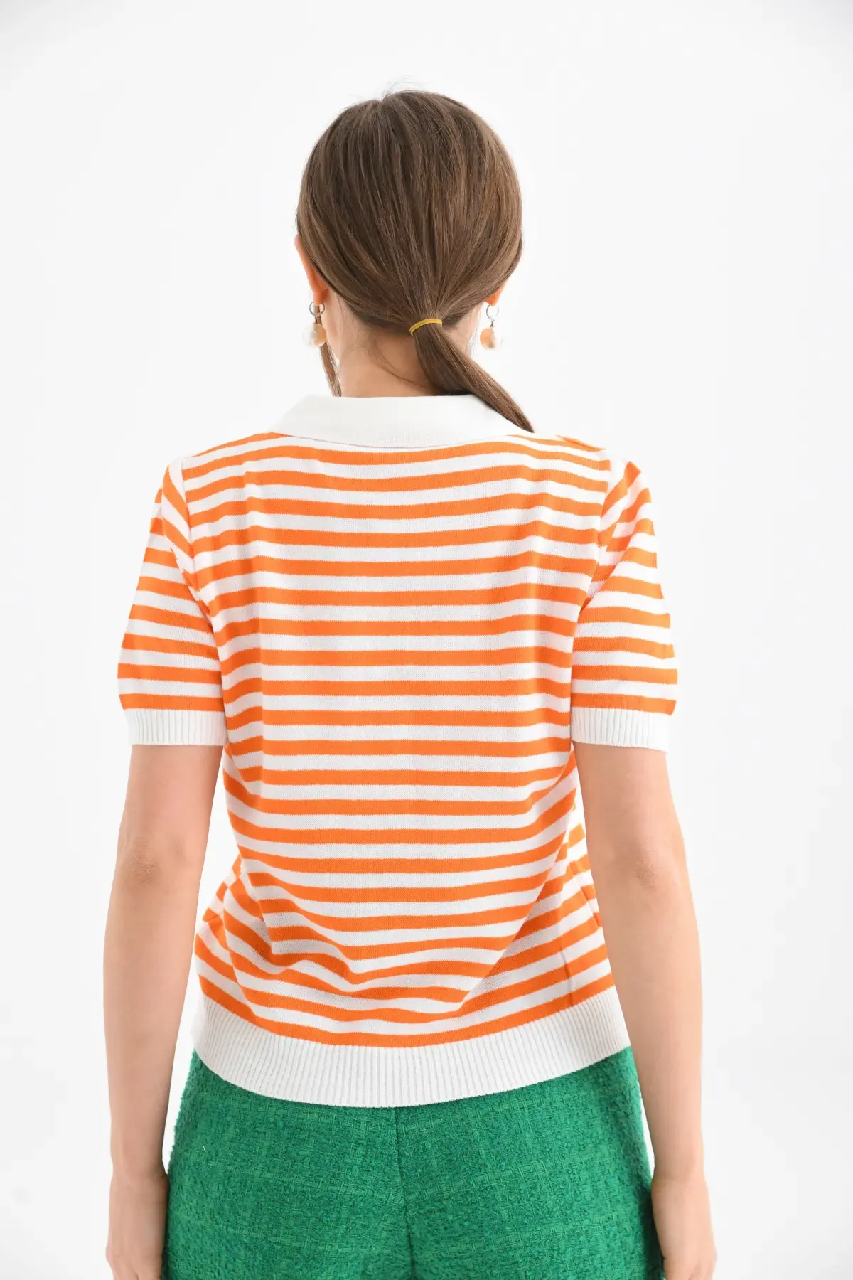 Kadın Polo Yaka Kısa Kol Çizgili Triko Kazak 10021