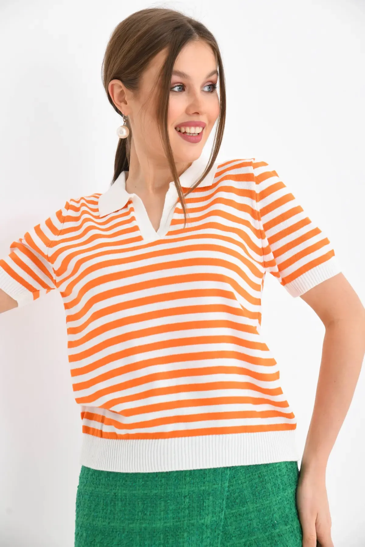 Kadın Polo Yaka Kısa Kol Çizgili Triko Kazak 10021