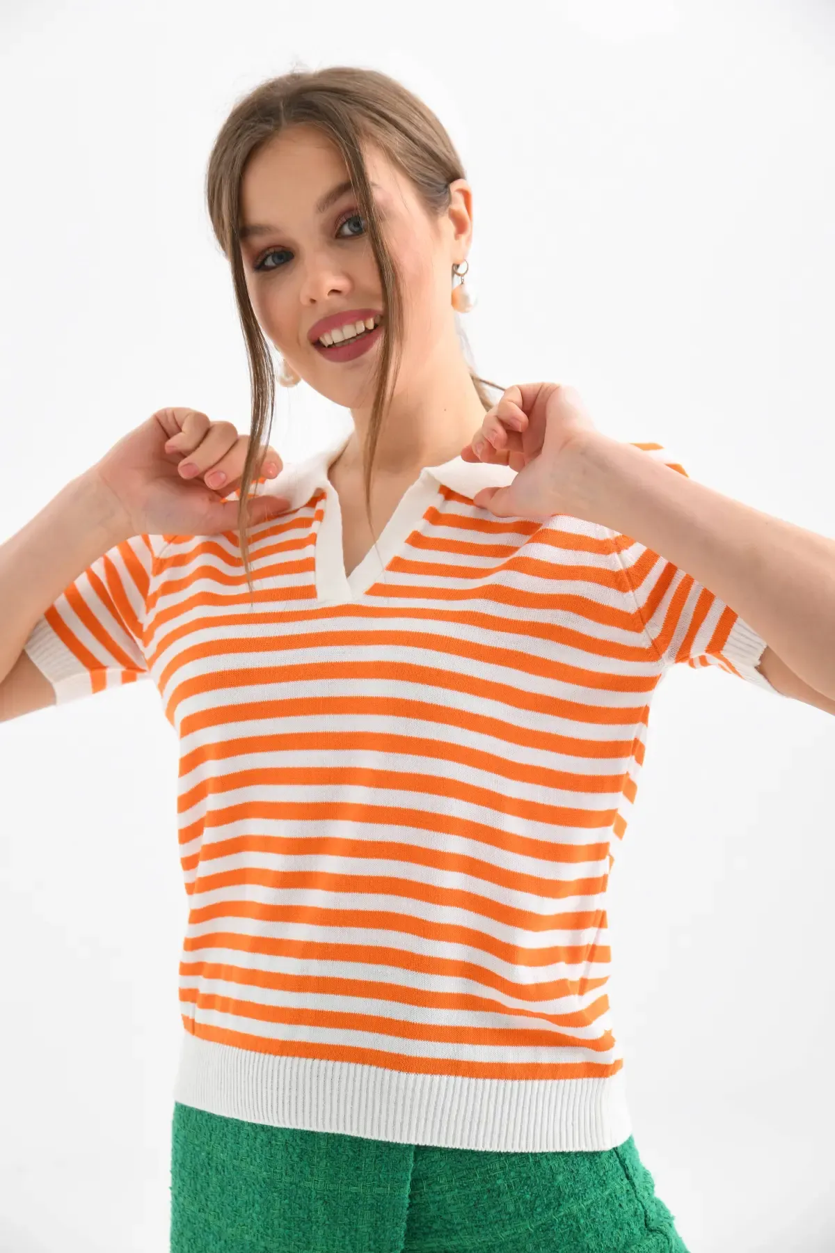 Kadın Polo Yaka Kısa Kol Çizgili Triko Kazak 10021