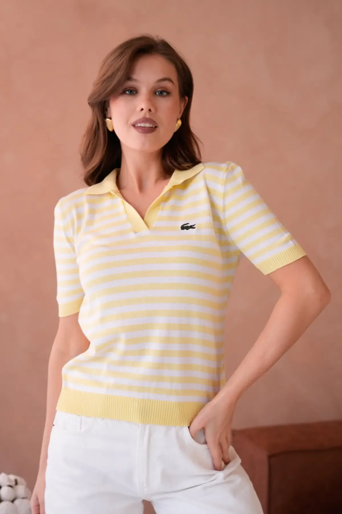 Kadın Polo Yaka Kısa Kol Çizgili Triko Kazak 10050.Ctn