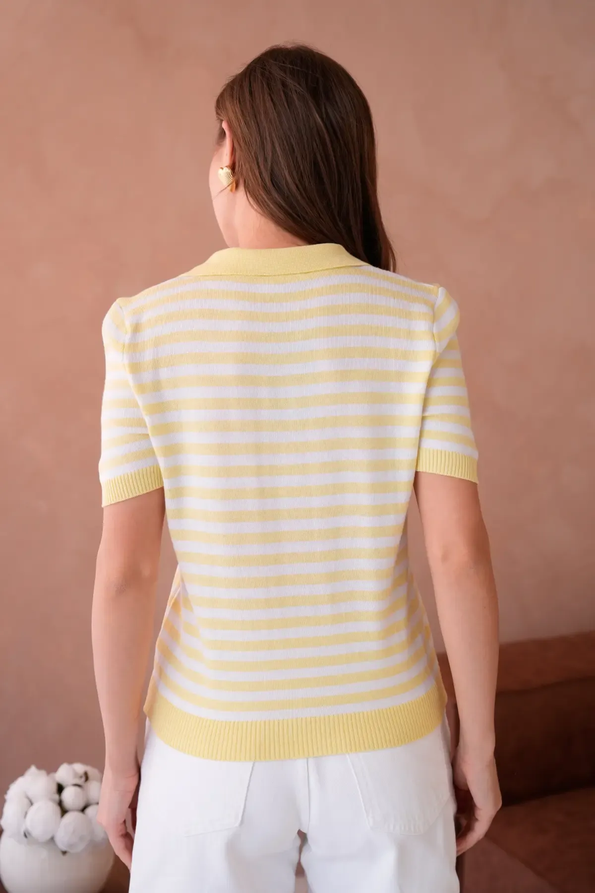 Kadın Polo Yaka Kısa Kol Çizgili Triko Kazak 10050.Ctn