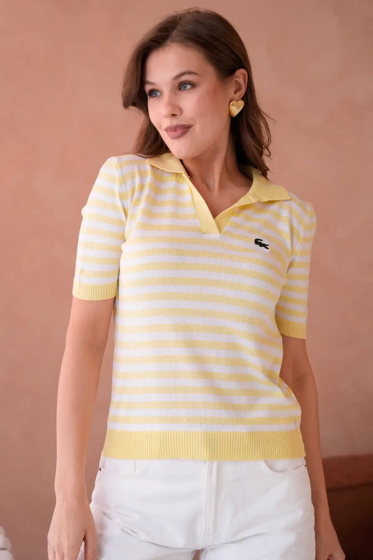 Kadın Polo Yaka Kısa Kol Çizgili Triko Kazak 10050.Ctn