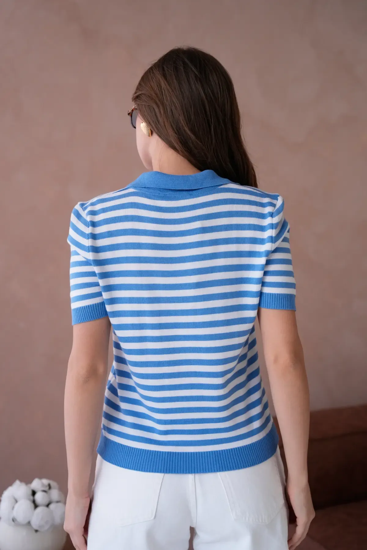 Kadın Polo Yaka Kısa Kol Çizgili Triko Kazak 10050.Ctn