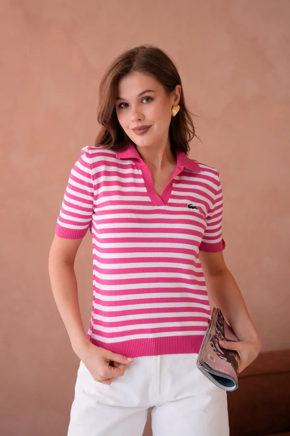 Kadın Polo Yaka Kısa Kol Çizgili Triko Kazak 10050.Ctn