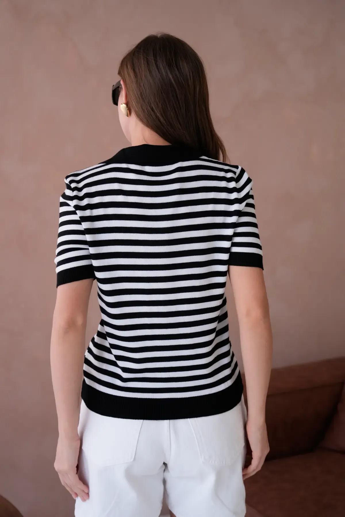 Kadın Polo Yaka Kısa Kol Çizgili Triko Kazak 10050.Ctn