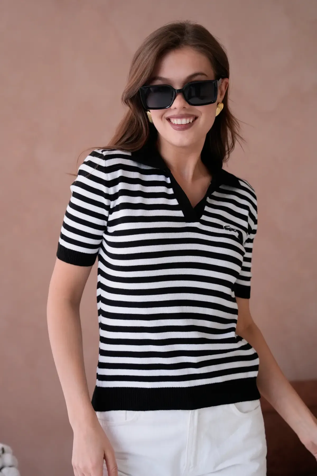 Kadın Polo Yaka Kısa Kol Çizgili Triko Kazak 10050.Ctn