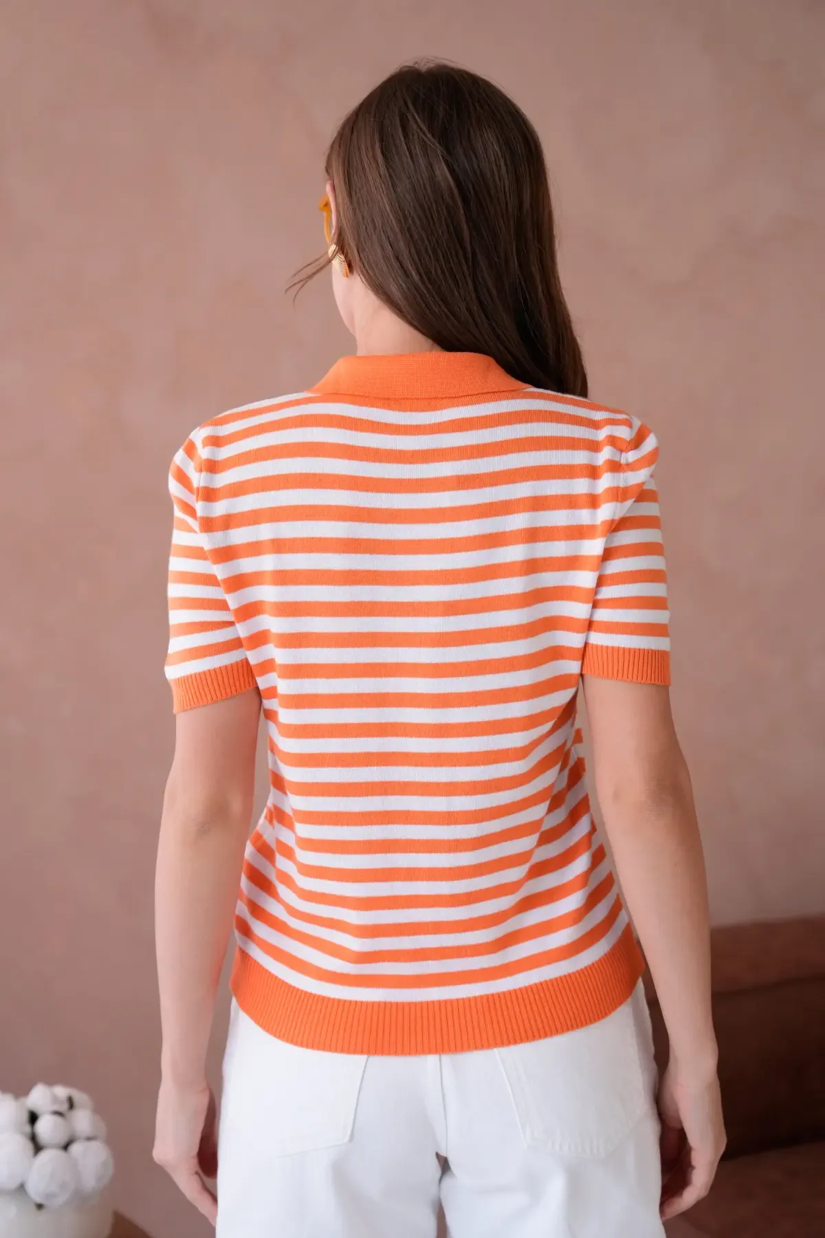 Kadın Polo Yaka Kısa Kol Çizgili Triko Kazak 10050.Ctn