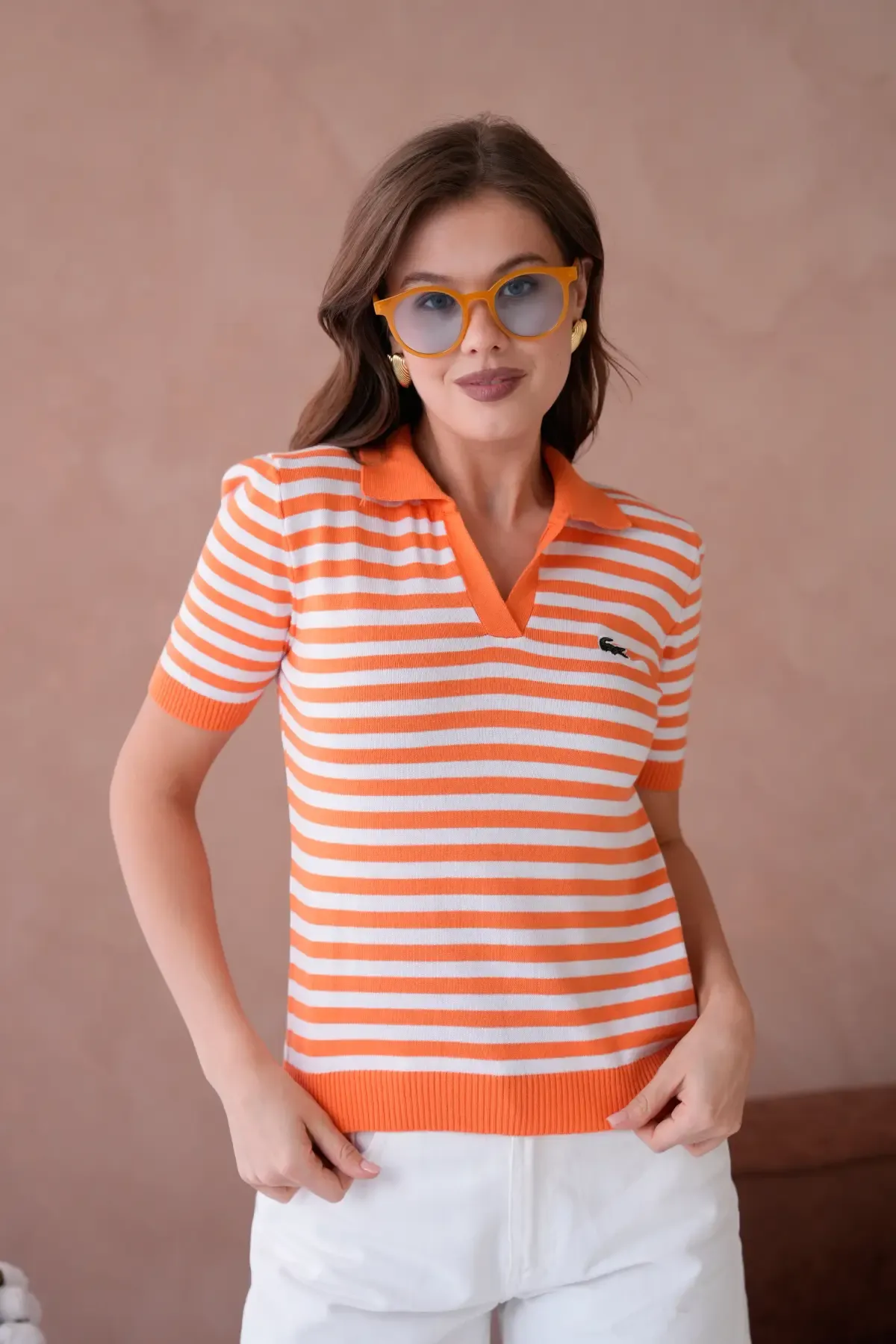 Kadın Polo Yaka Kısa Kol Çizgili Triko Kazak 10050.Ctn