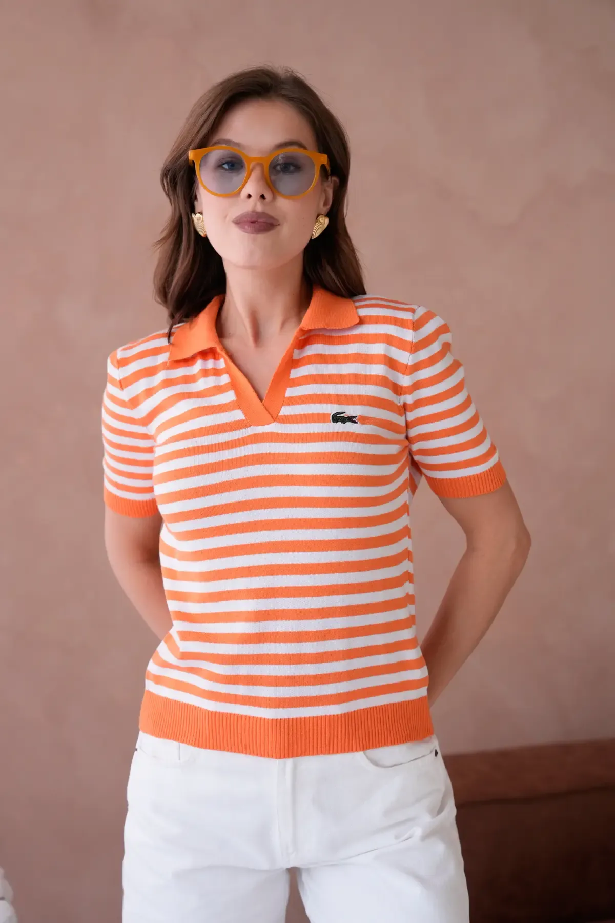 Kadın Polo Yaka Kısa Kol Çizgili Triko Kazak 10050.Ctn