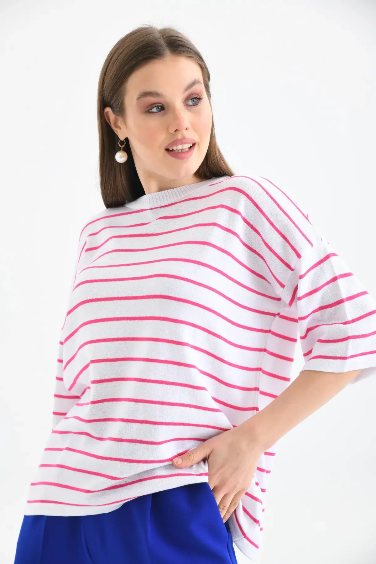 Kadın Polo Yaka Kısa Kol Çizgili Triko Kazak 10052.Ctn
