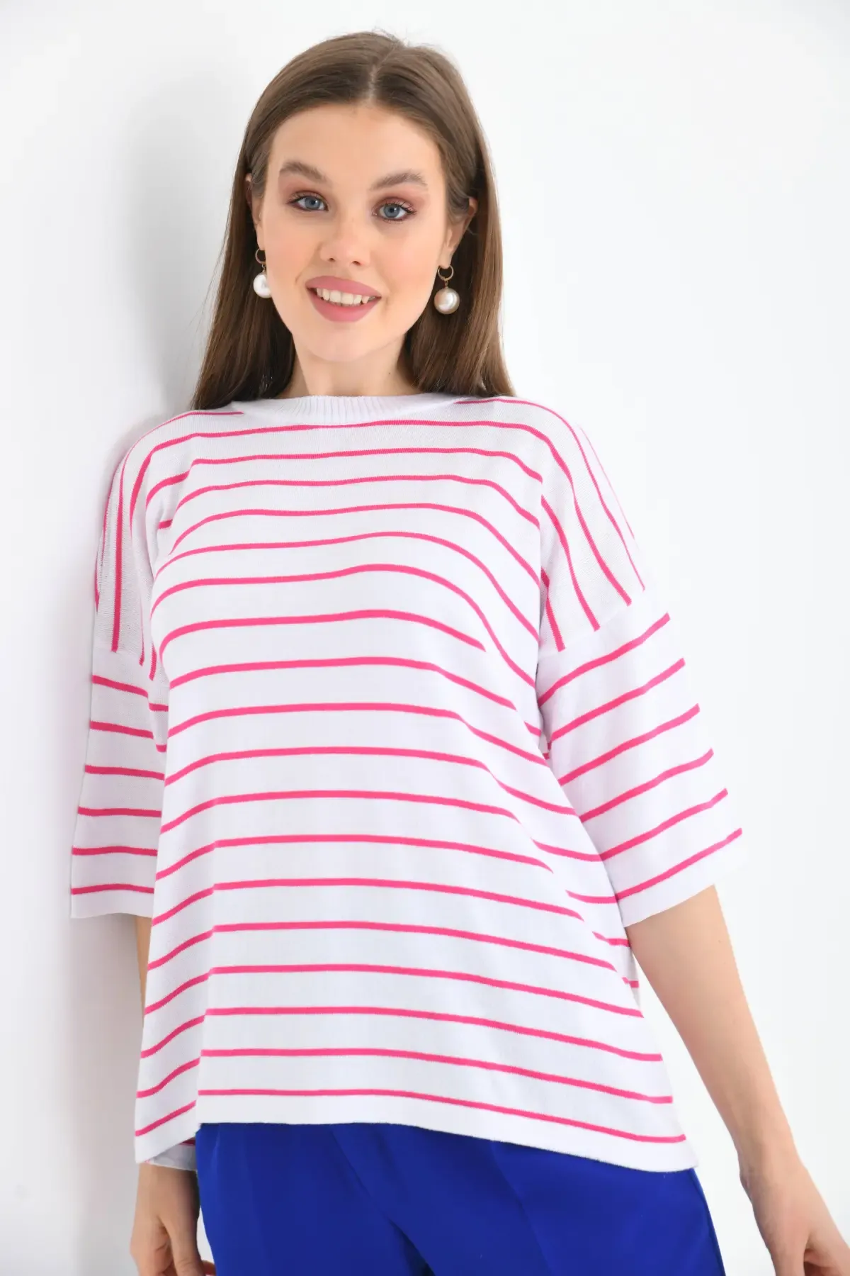 Kadın Polo Yaka Kısa Kol Çizgili Triko Kazak 10052.Ctn