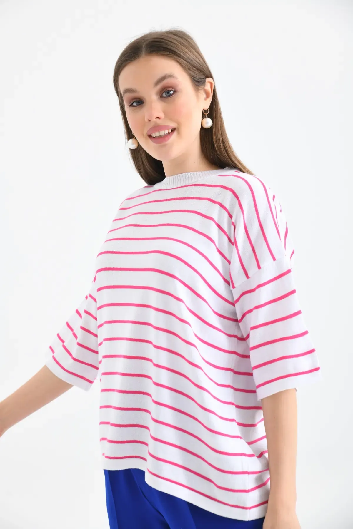 Kadın Polo Yaka Kısa Kol Çizgili Triko Kazak 10052.Ctn