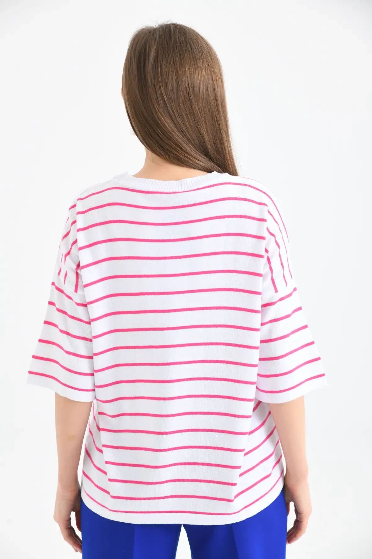 Kadın Polo Yaka Kısa Kol Çizgili Triko Kazak 10052.Ctn