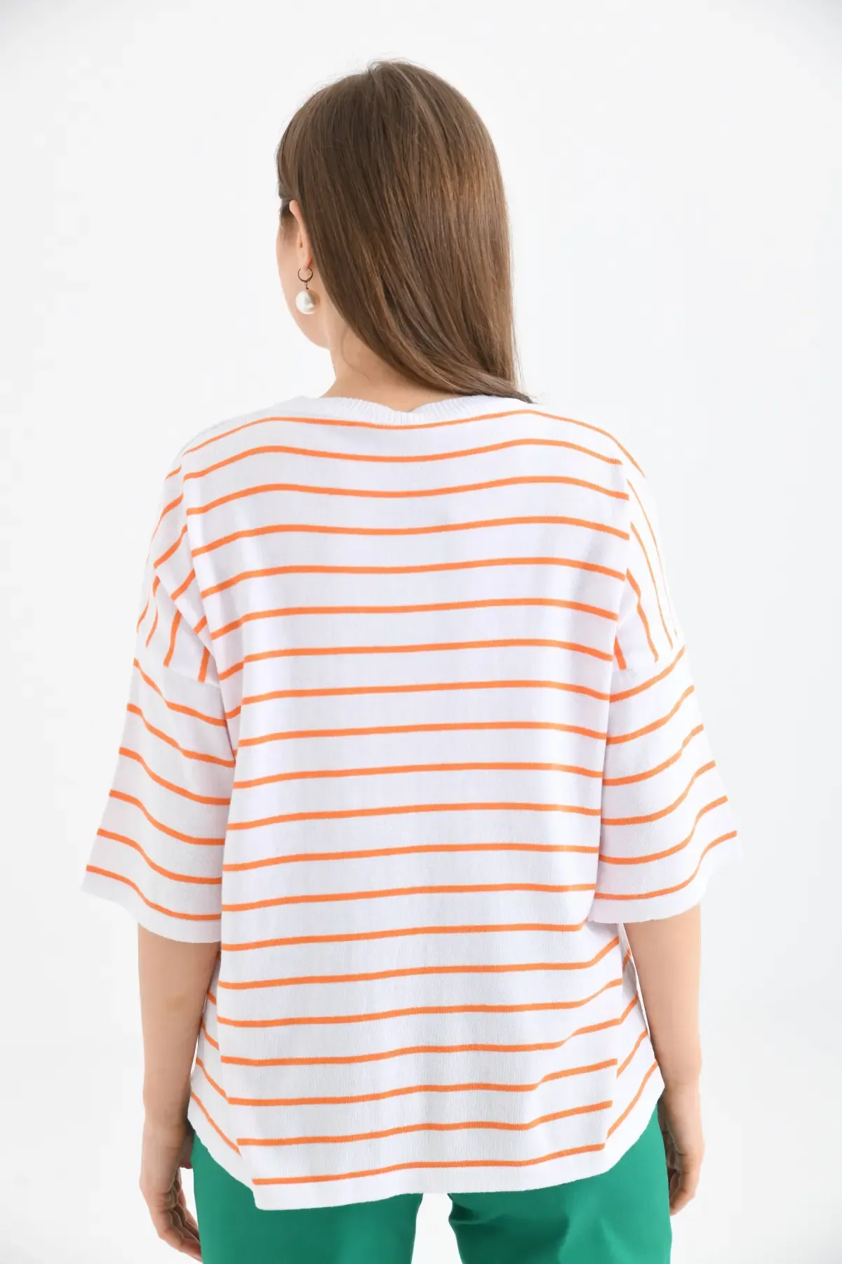 Kadın Polo Yaka Kısa Kol Çizgili Triko Kazak 10052.Ctn