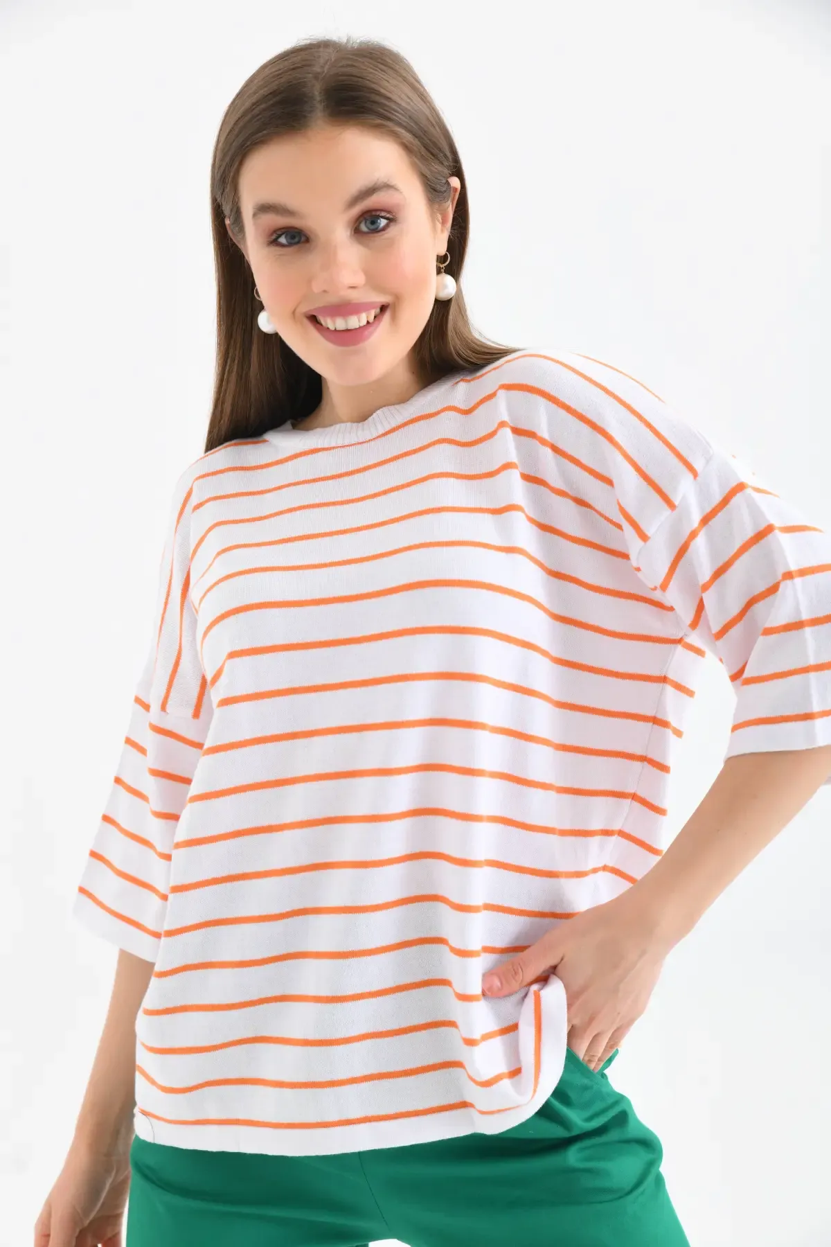 Kadın Polo Yaka Kısa Kol Çizgili Triko Kazak 10052.Ctn