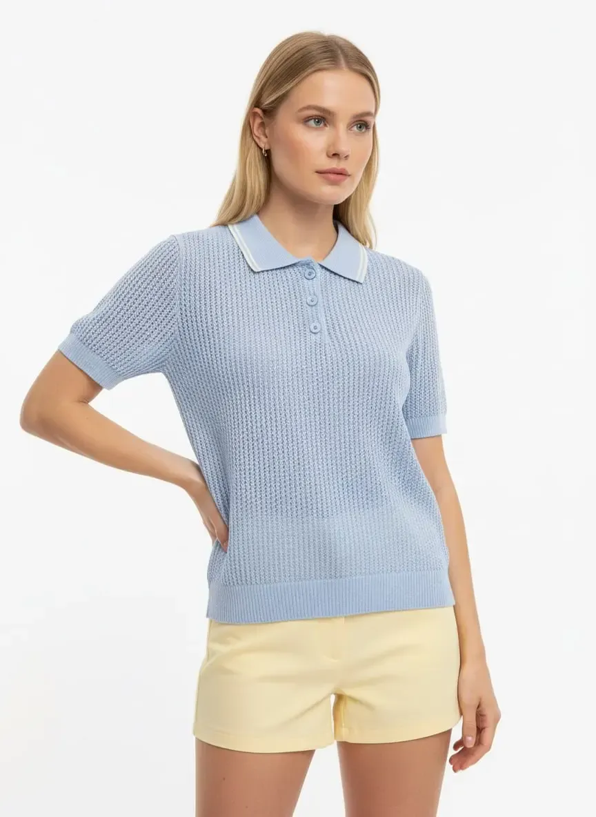 Kadın Polo Yaka Örgü Detay Düğmeli Triko Kazak 12468