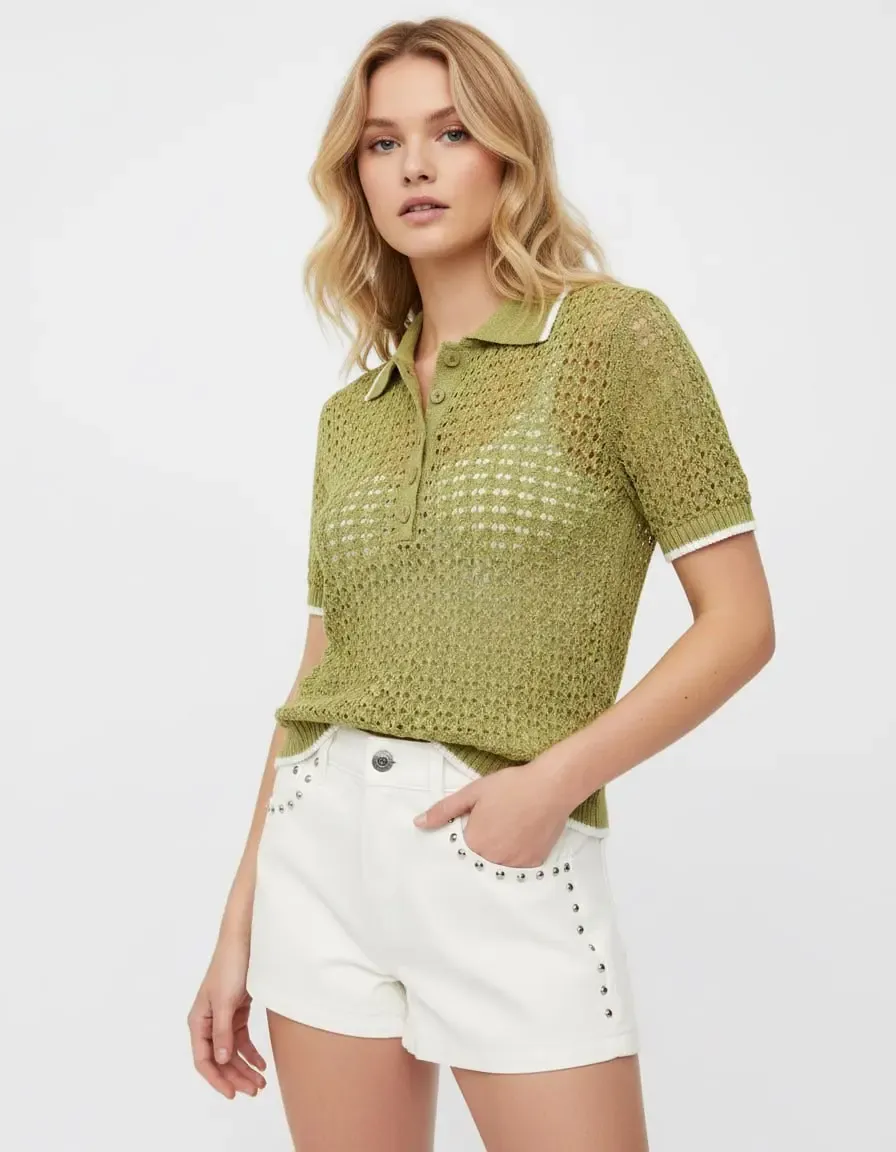 Kadın Polo Yaka Örgü Detay Düğmeli Triko Kazak 8717Sw