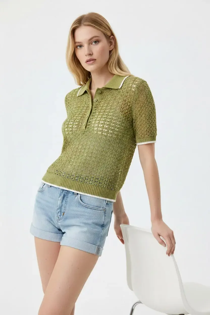 Kadın Polo Yaka Örgü Detay Düğmeli Triko Kazak 8717Sw