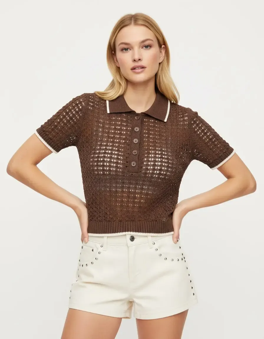 Kadın Polo Yaka Örgü Detay Düğmeli Triko Kazak 8717Sw