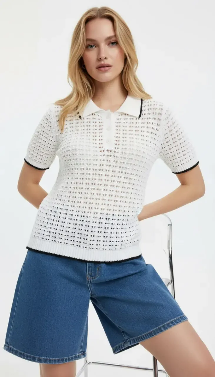 Kadın Polo Yaka Örgü Detay Düğmeli Triko Kazak 8717Sw