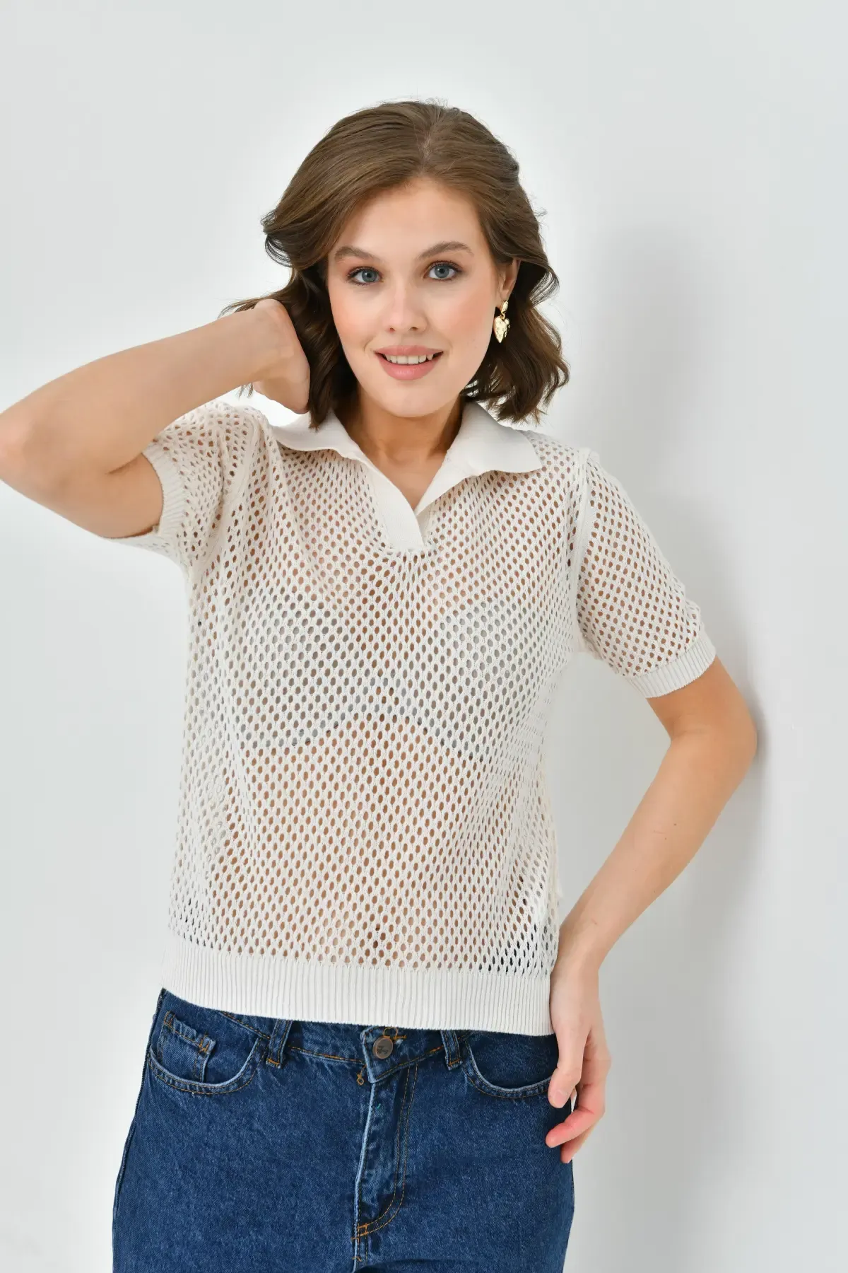 Kadın Polo Yaka Örgü Detay Triko Kazak 10707