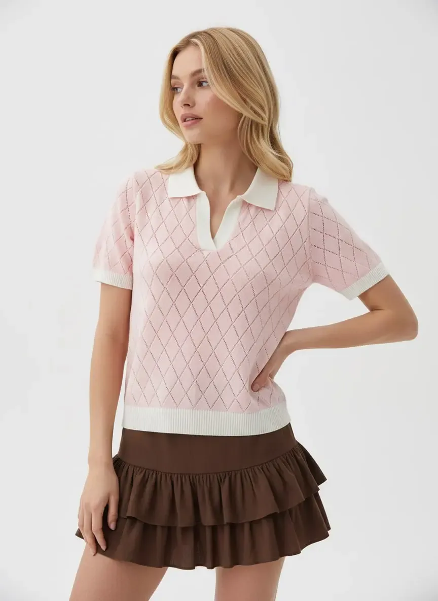 Kadın Polo Yaka Örgü Detay Triko Kazak 12481