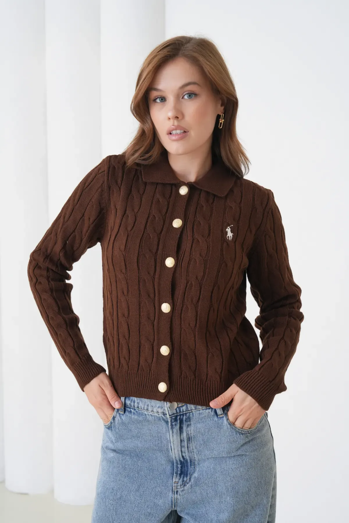 Kadın Polo Yaka Saç Örgü Düğme Detay Triko Hırka 8525Sw