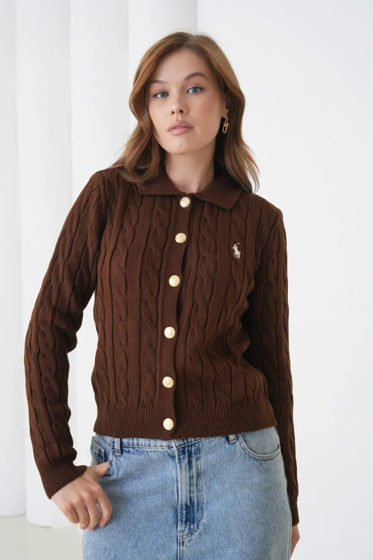 Kadın Polo Yaka Saç Örgü Düğme Detay Triko Hırka 8525Sw