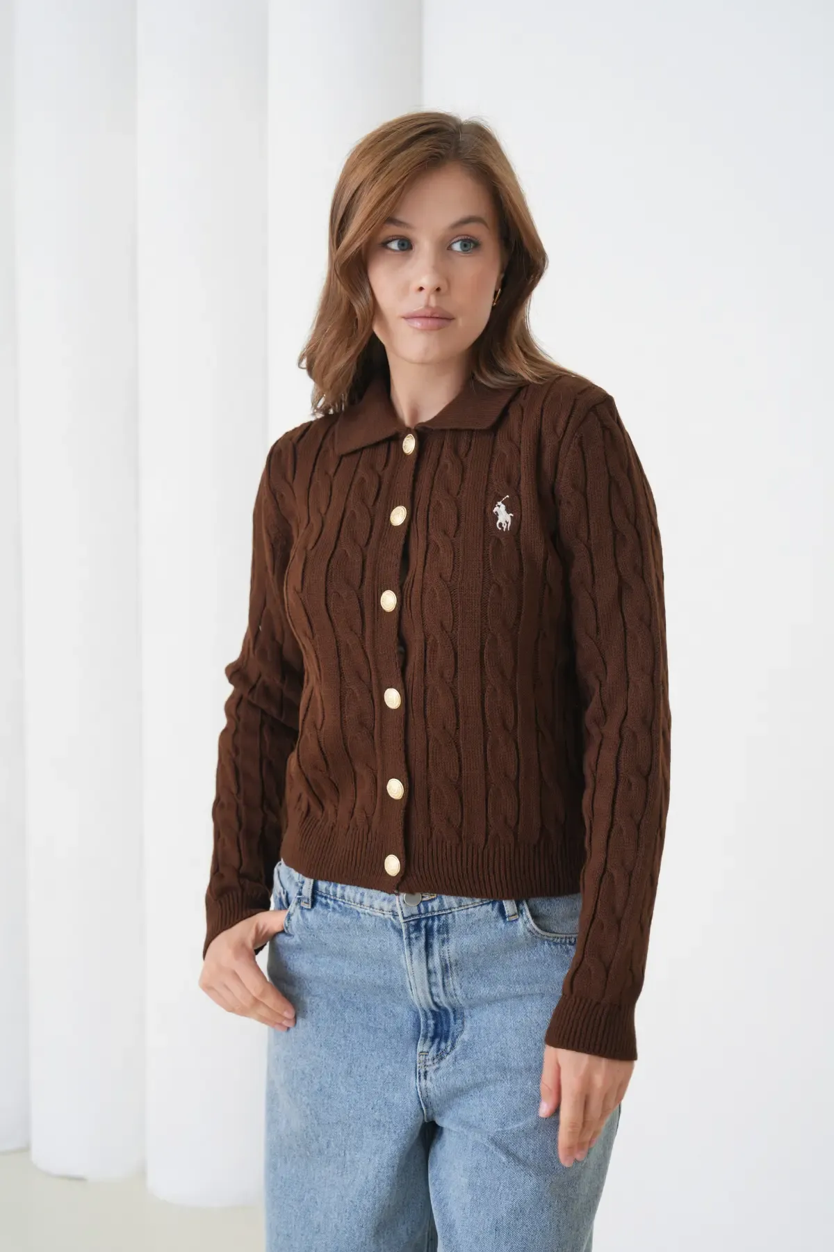 Kadın Polo Yaka Saç Örgü Düğme Detay Triko Hırka 8525Sw