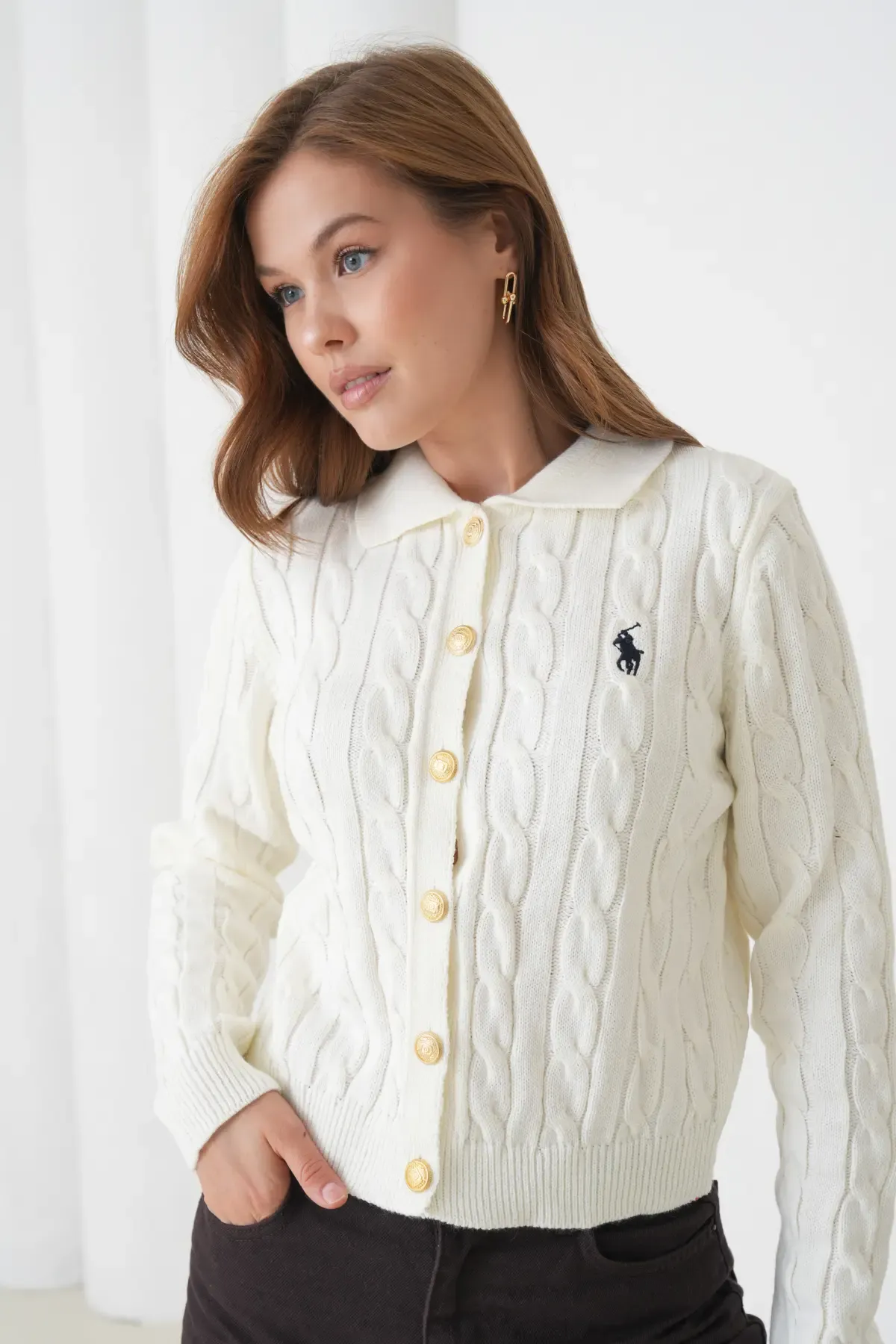 Kadın Polo Yaka Saç Örgü Düğme Detay Triko Hırka 8525Sw