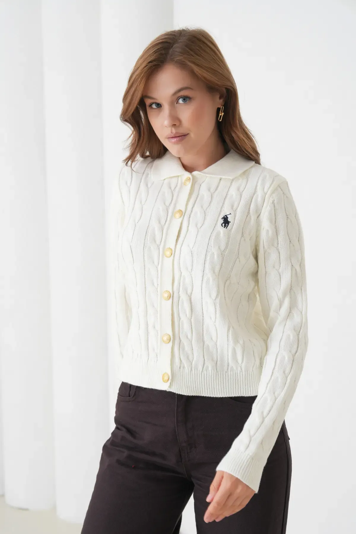 Kadın Polo Yaka Saç Örgü Düğme Detay Triko Hırka 8525Sw