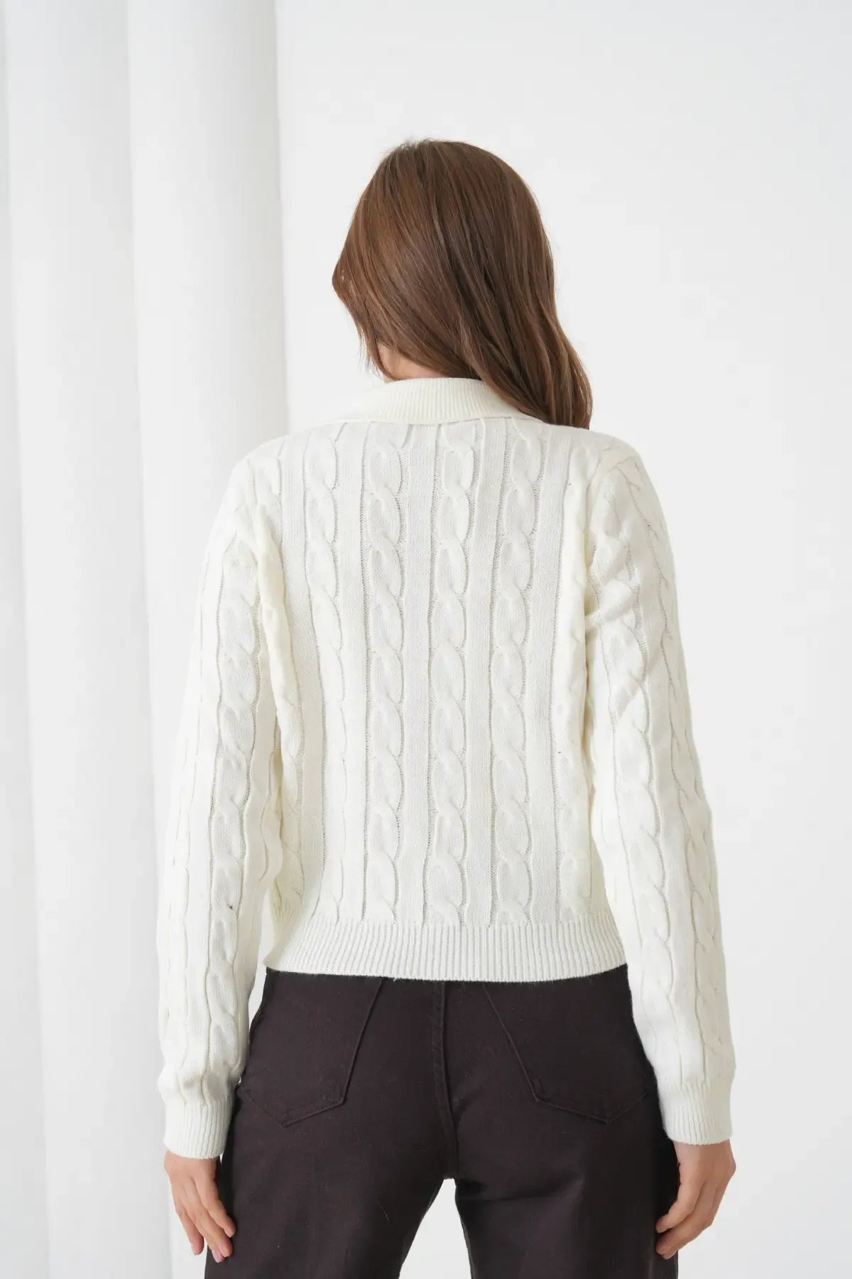 Kadın Polo Yaka Saç Örgü Düğme Detay Triko Hırka 8525Sw