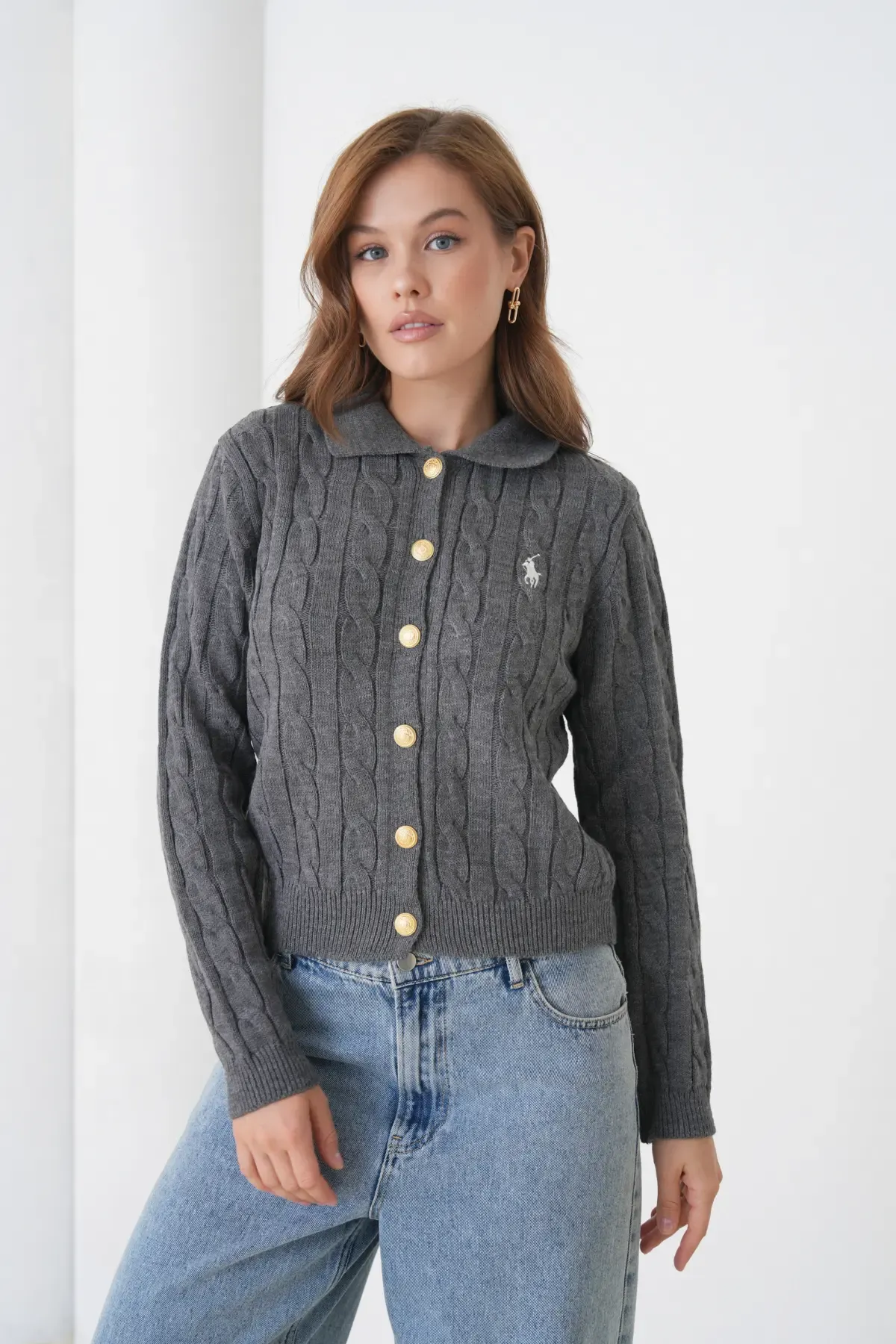 Kadın Polo Yaka Saç Örgü Düğme Detay Triko Hırka 8525Sw