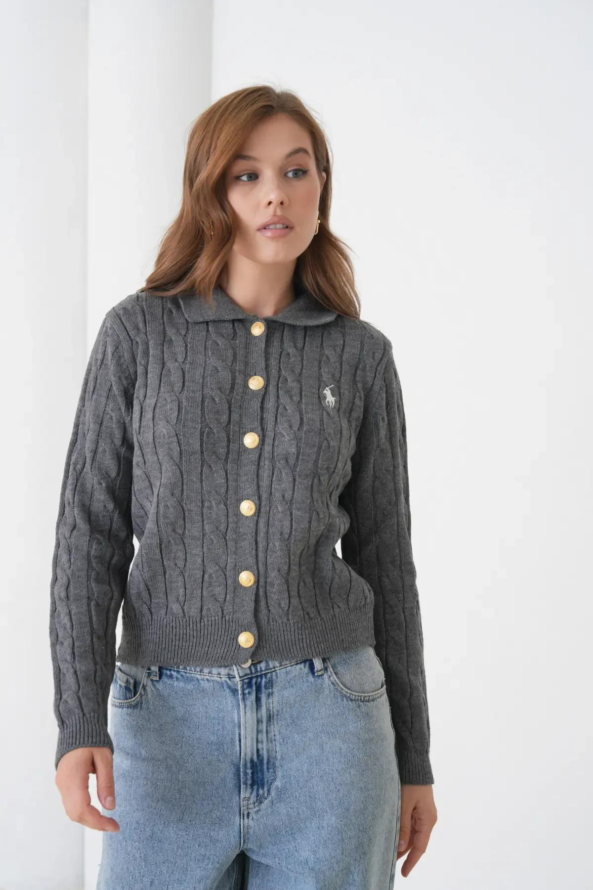 Kadın Polo Yaka Saç Örgü Düğme Detay Triko Hırka 8525Sw