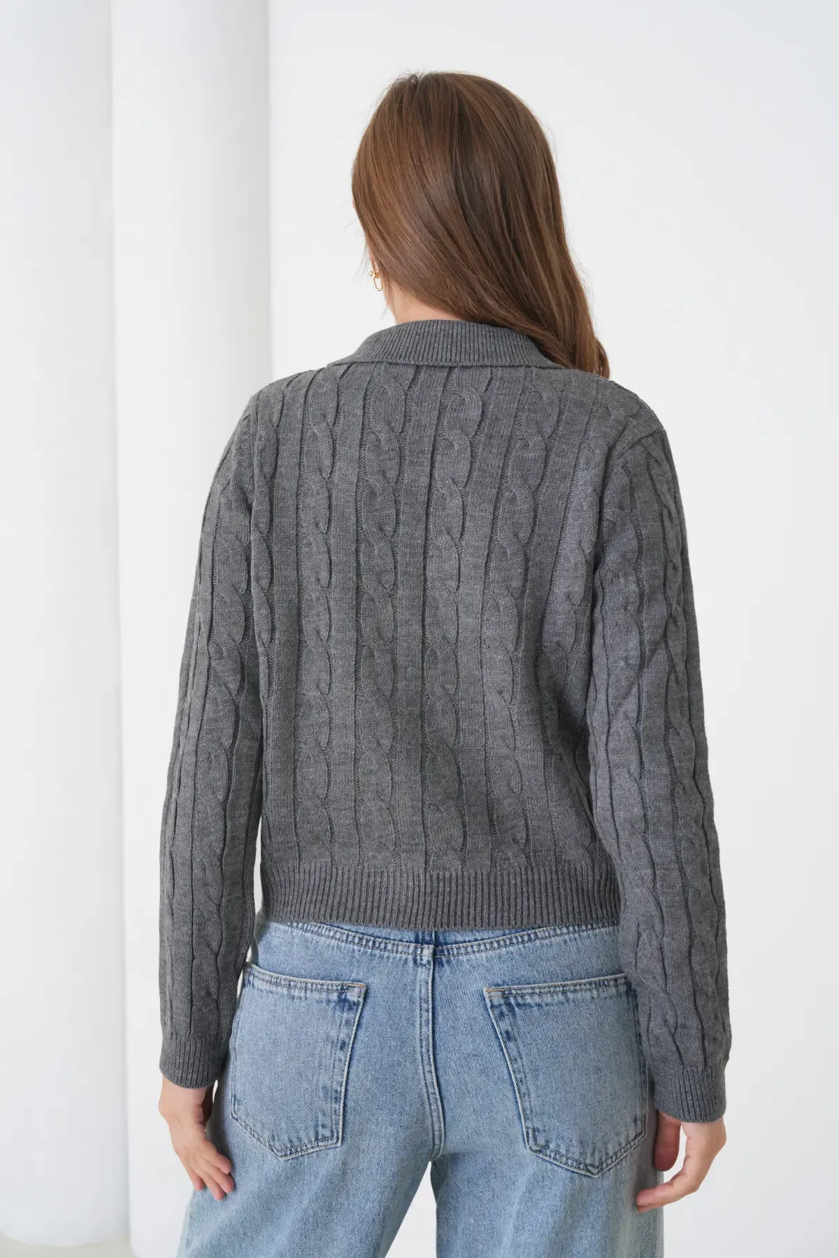 Kadın Polo Yaka Saç Örgü Düğme Detay Triko Hırka 8525Sw