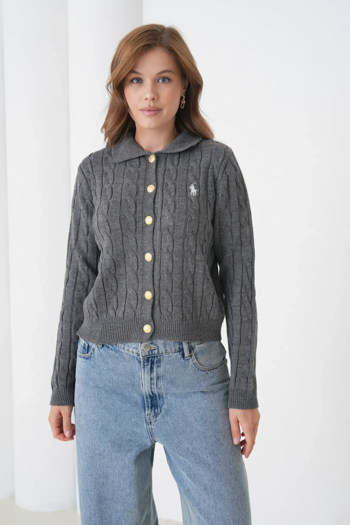 Kadın Polo Yaka Saç Örgü Düğme Detay Triko Hırka 8525Sw