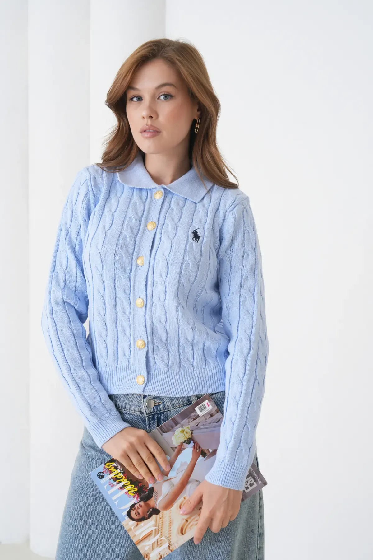 Kadın Polo Yaka Saç Örgü Düğme Detay Triko Hırka 8525Sw