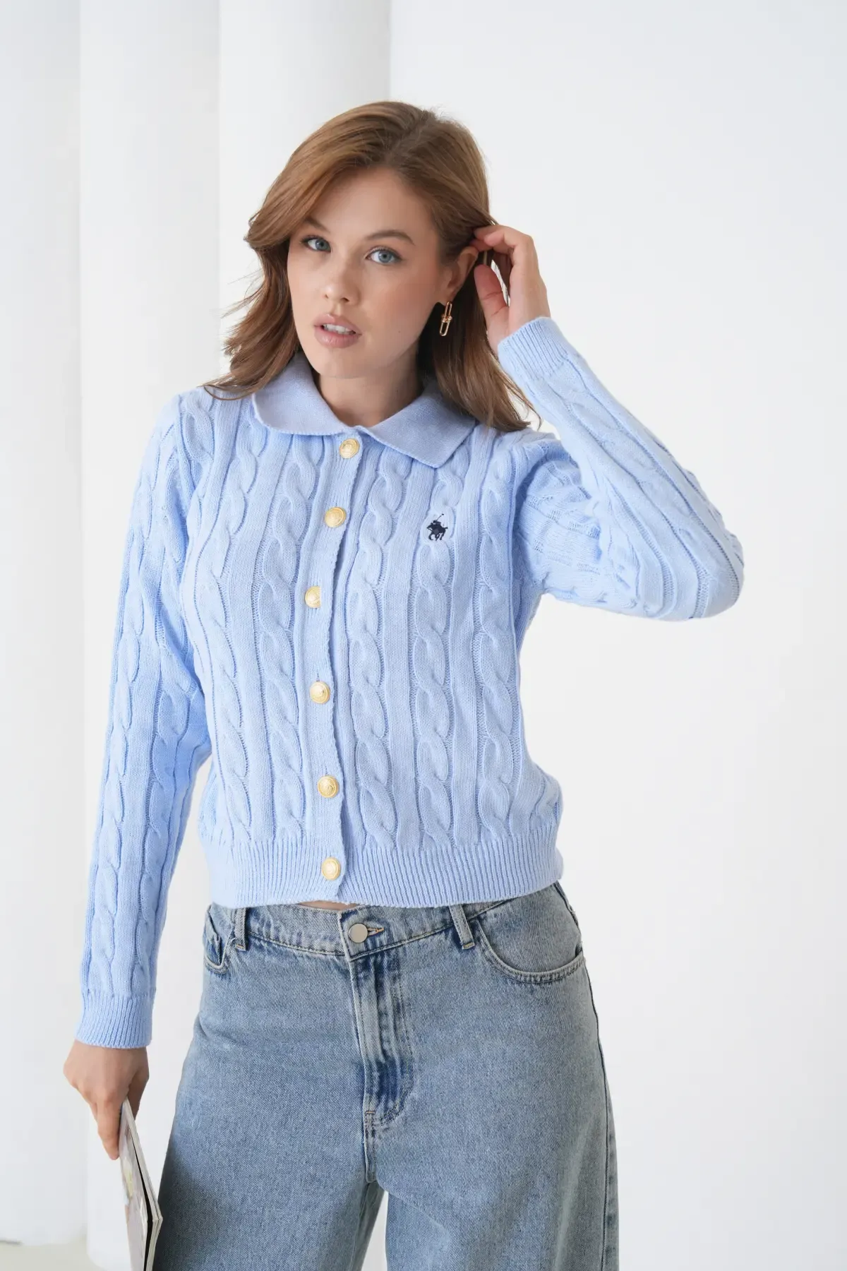 Kadın Polo Yaka Saç Örgü Düğme Detay Triko Hırka 8525Sw