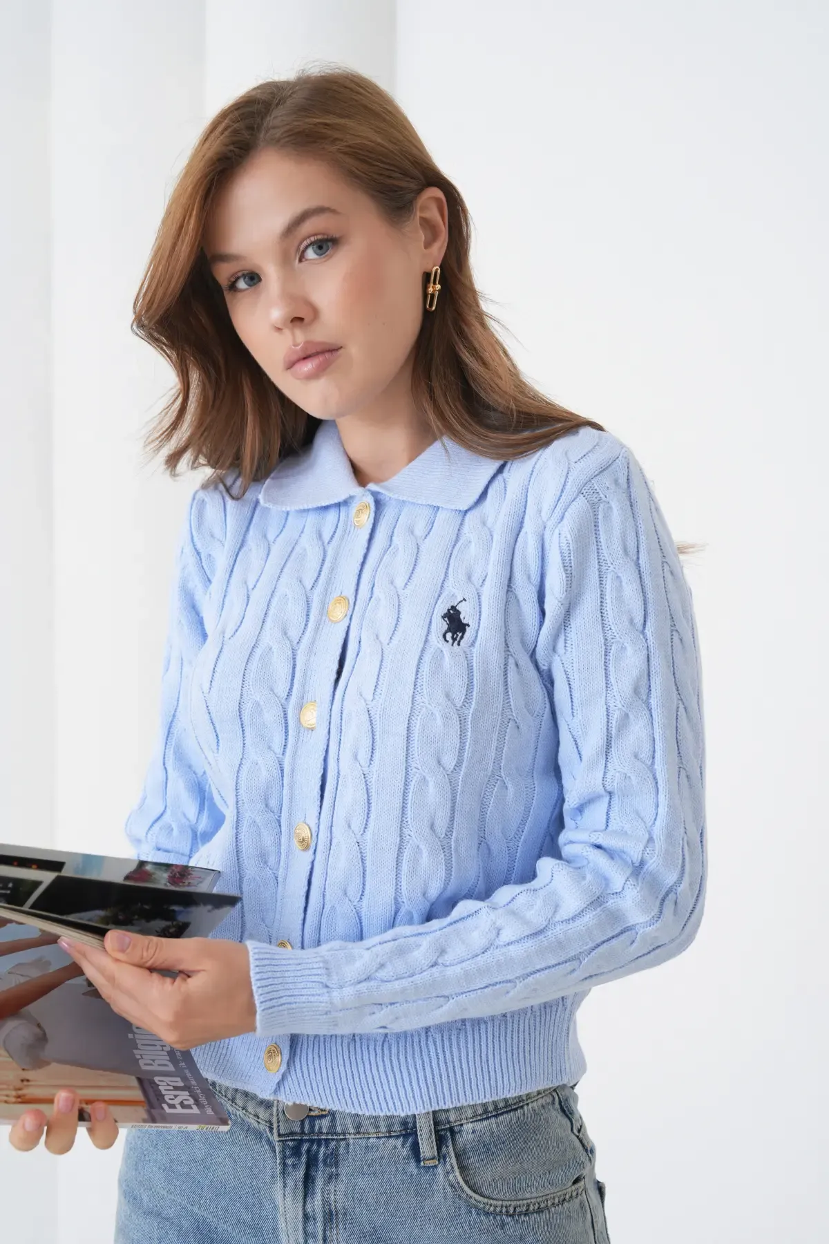 Kadın Polo Yaka Saç Örgü Düğme Detay Triko Hırka 8525Sw