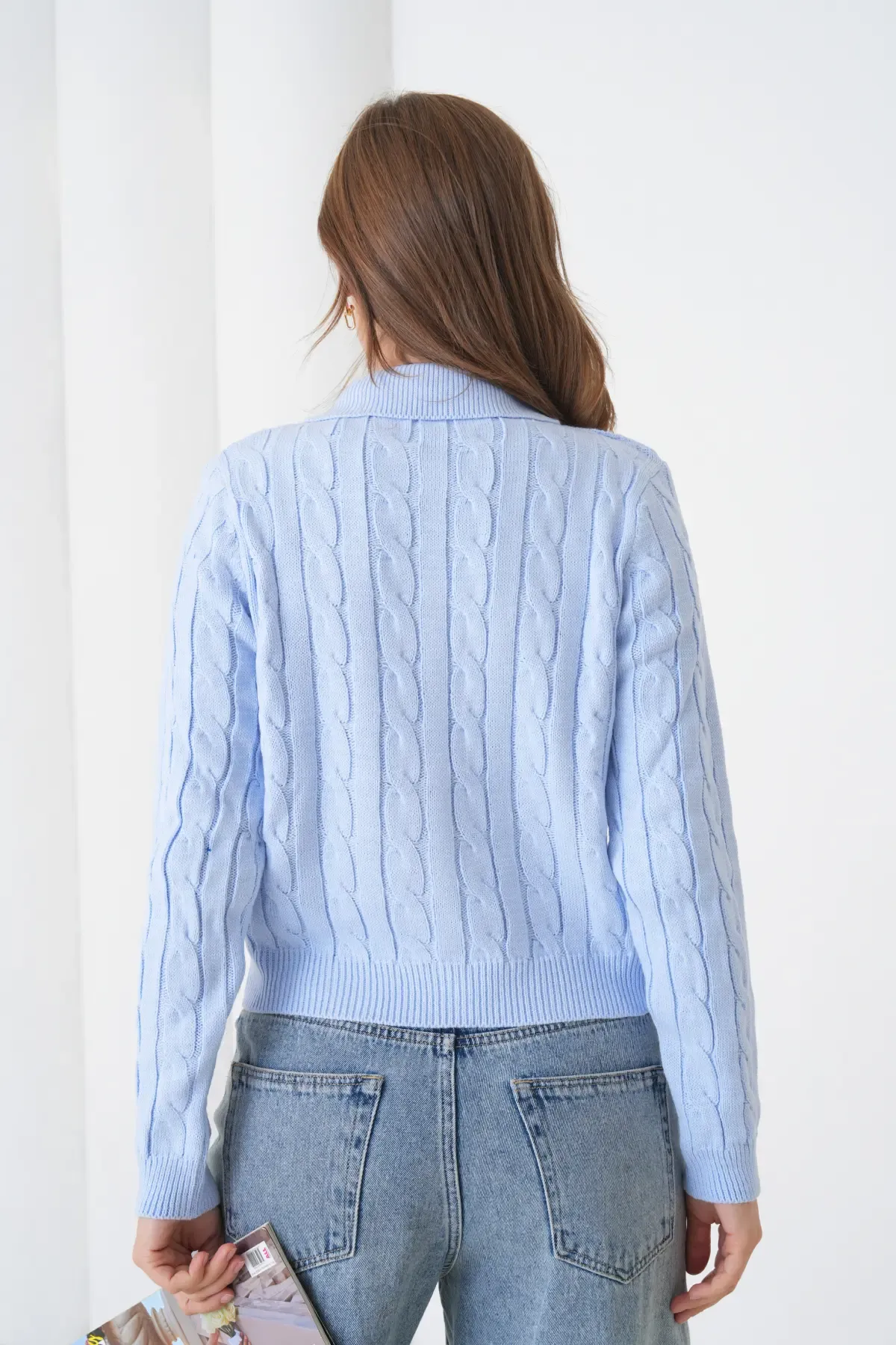 Kadın Polo Yaka Saç Örgü Düğme Detay Triko Hırka 8525Sw