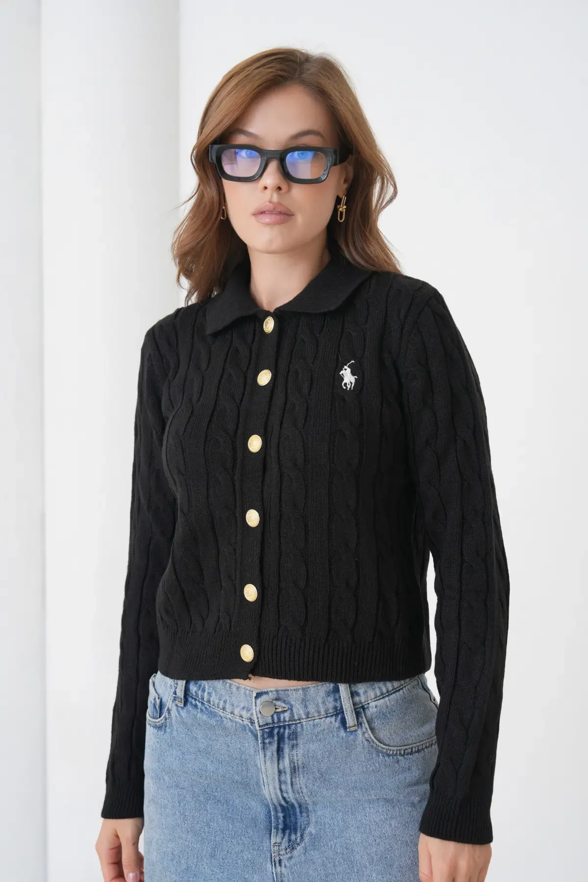 Kadın Polo Yaka Saç Örgü Düğme Detay Triko Hırka 8525Sw