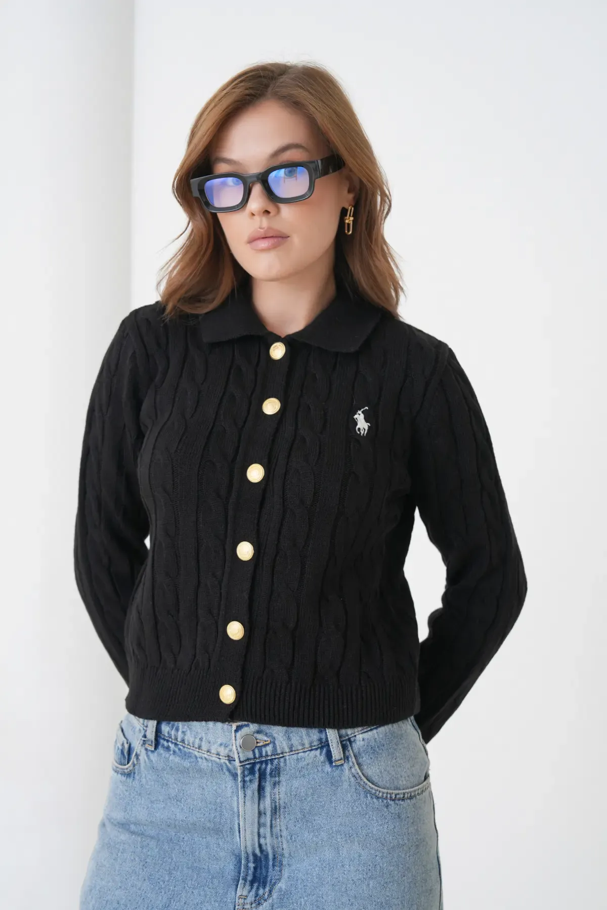 Kadın Polo Yaka Saç Örgü Düğme Detay Triko Hırka 8525Sw