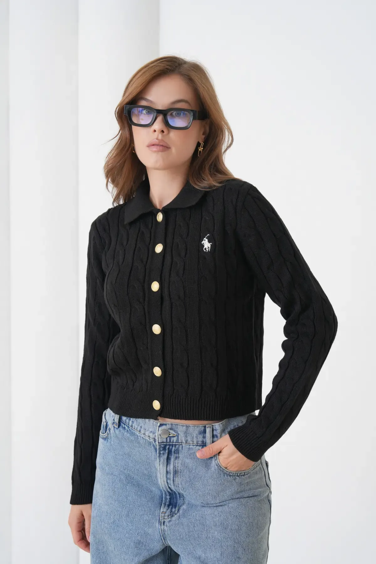 Kadın Polo Yaka Saç Örgü Düğme Detay Triko Hırka 8525Sw