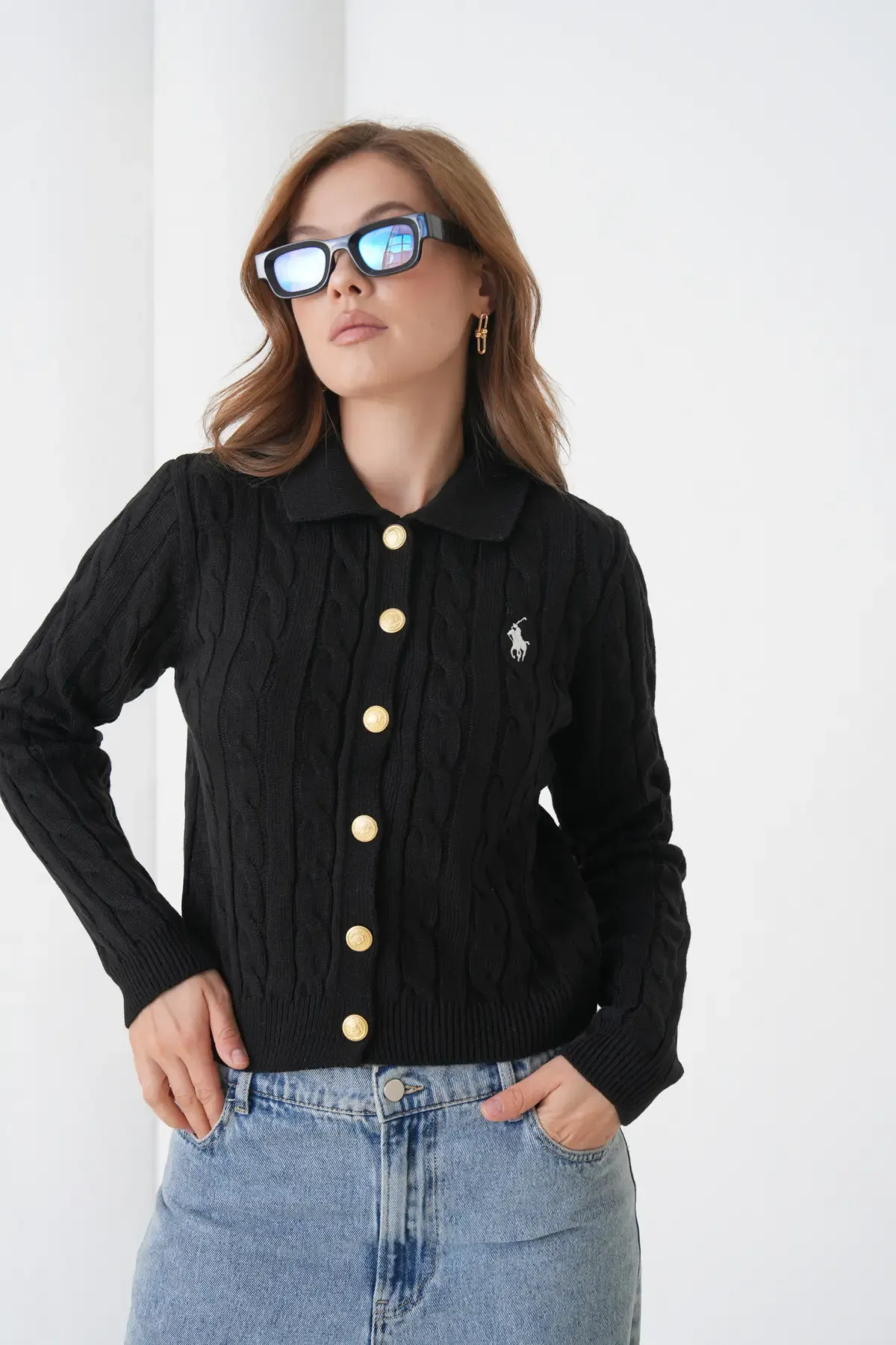 Kadın Polo Yaka Saç Örgü Düğme Detay Triko Hırka 8525Sw