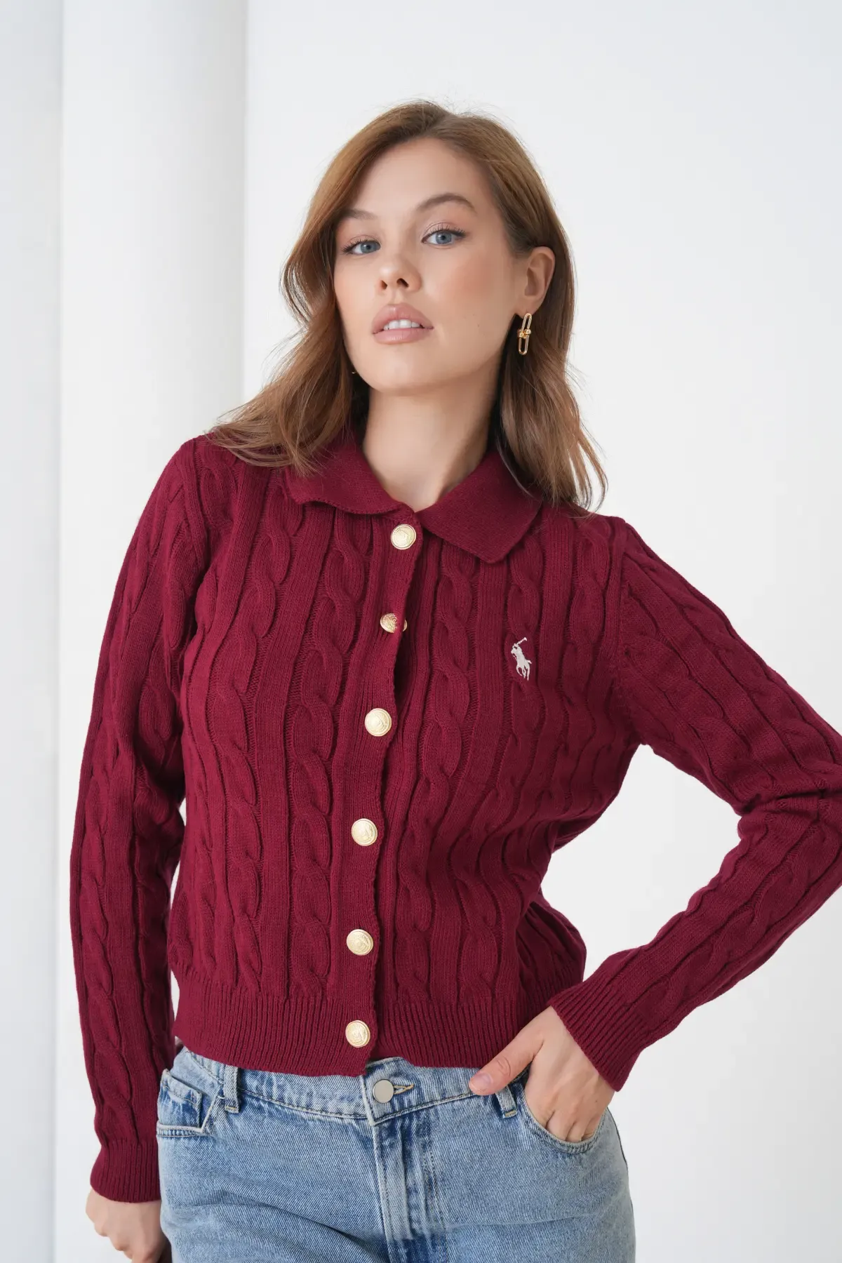 Kadın Polo Yaka Saç Örgü Düğme Detay Triko Hırka 8525Sw