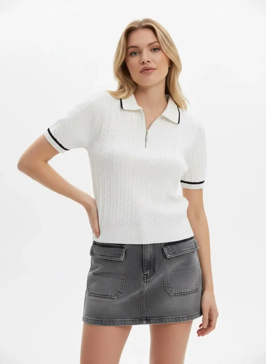 Kadın Polo Yaka Saç Örgü Fermuar Detay Detay Triko Kazak 12441