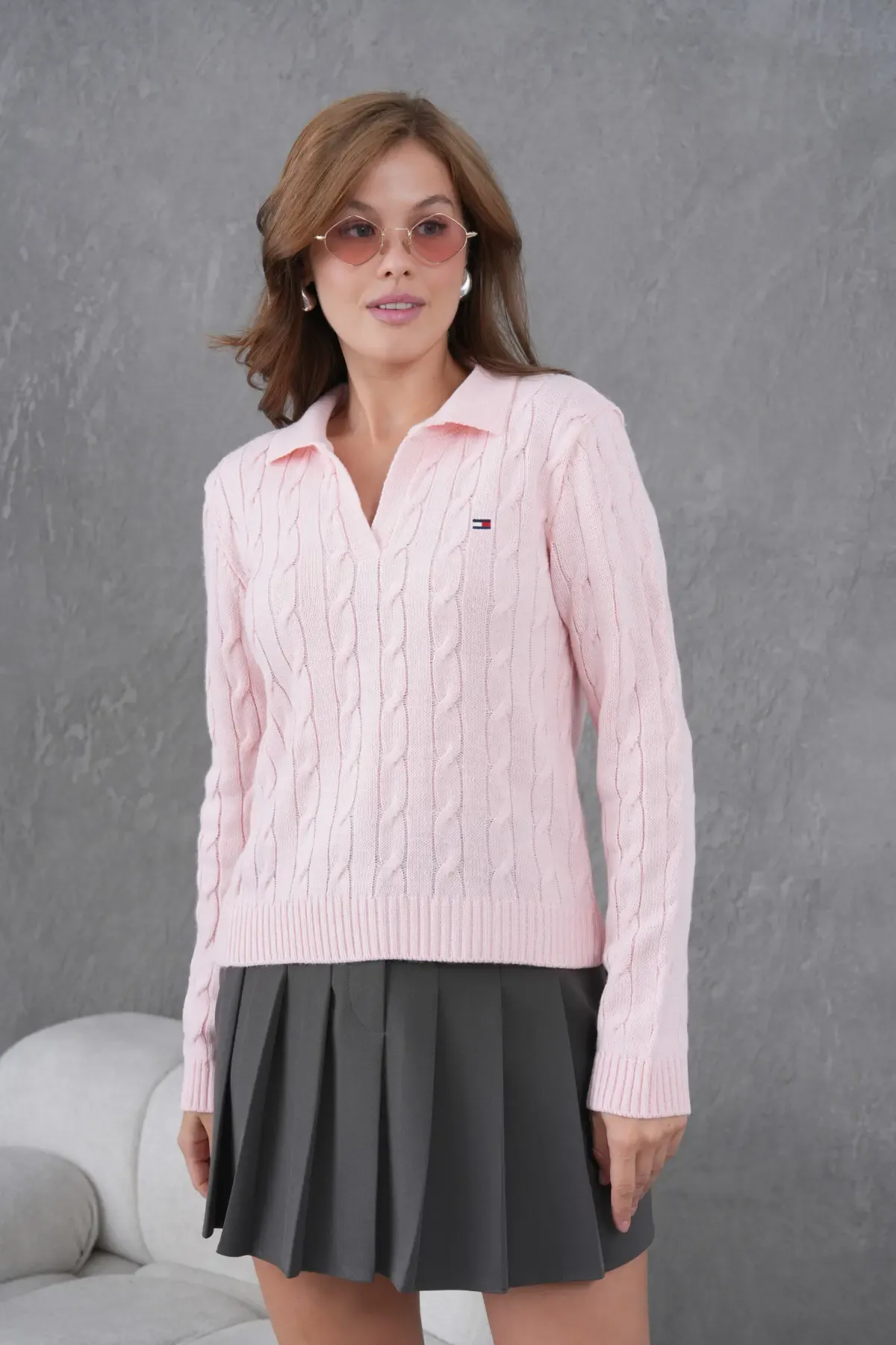 Kadın Polo Yaka Saç Örgü Triko Kazak 8610