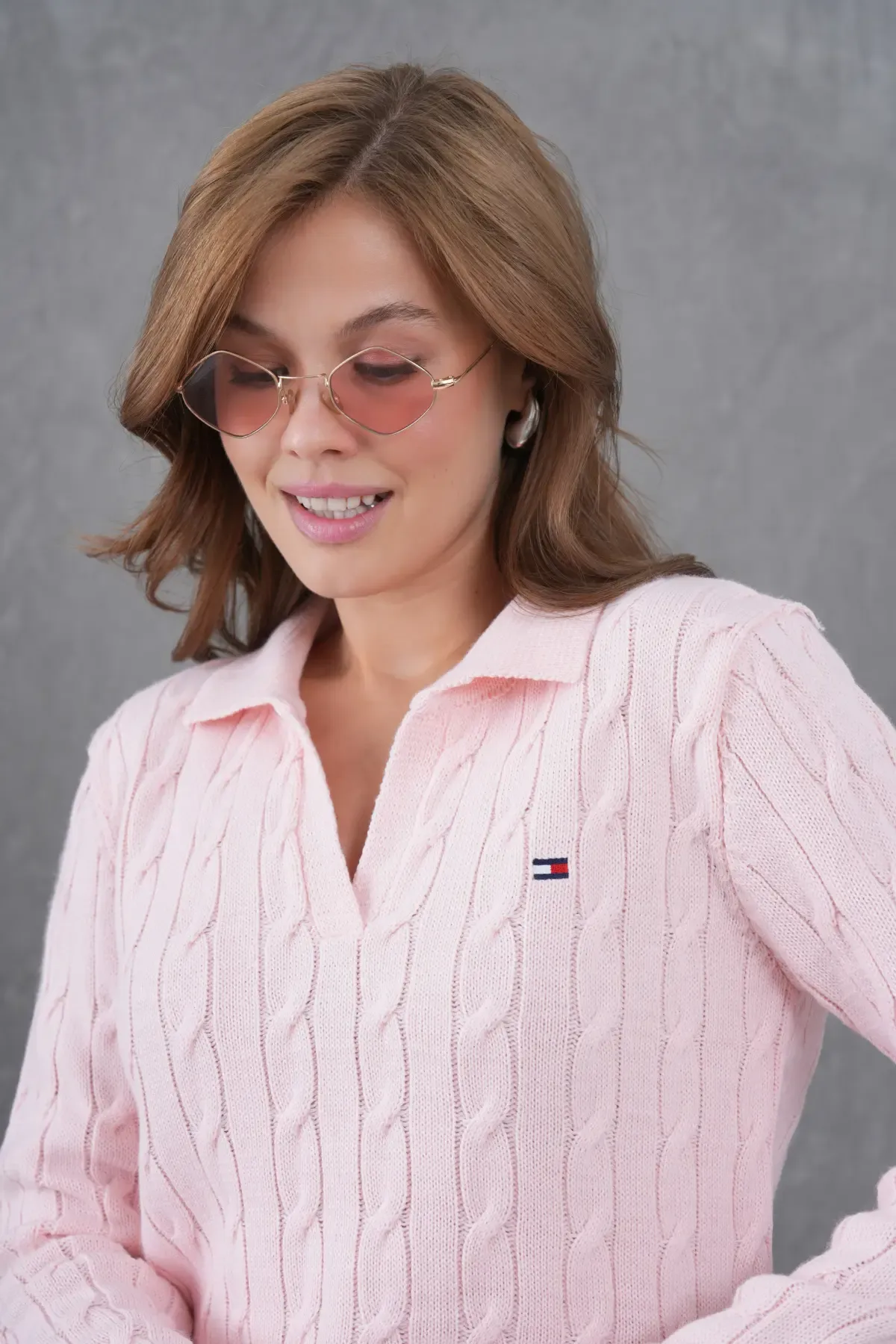 Kadın Polo Yaka Saç Örgü Triko Kazak 8610