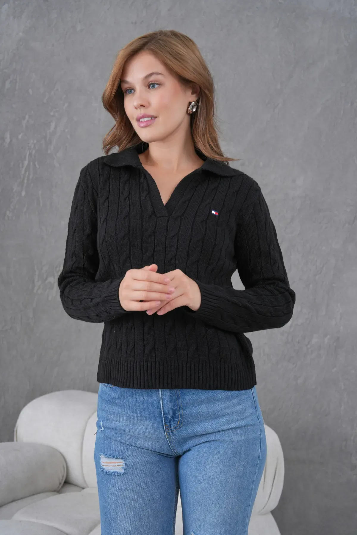 Kadın Polo Yaka Saç Örgü Triko Kazak 8610